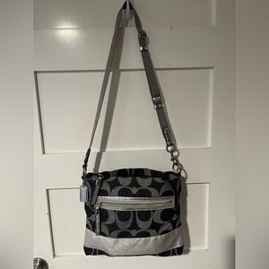 Denim and silver Coach crossbody bag with adjustable strap